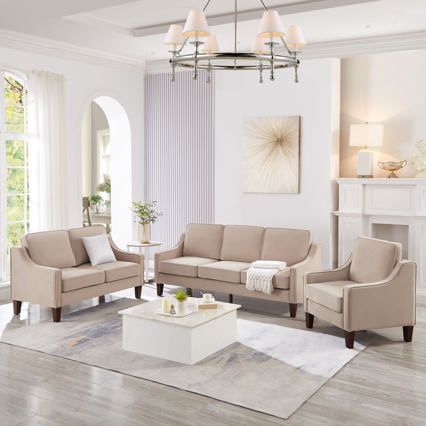 Modern 3 Piece seat Sofa Couch with Scooped Armrest/Wood legs,Upholstered Velvet 3-seat Sofa with Removable Cushions for Livingroom Bedroom,Taupe