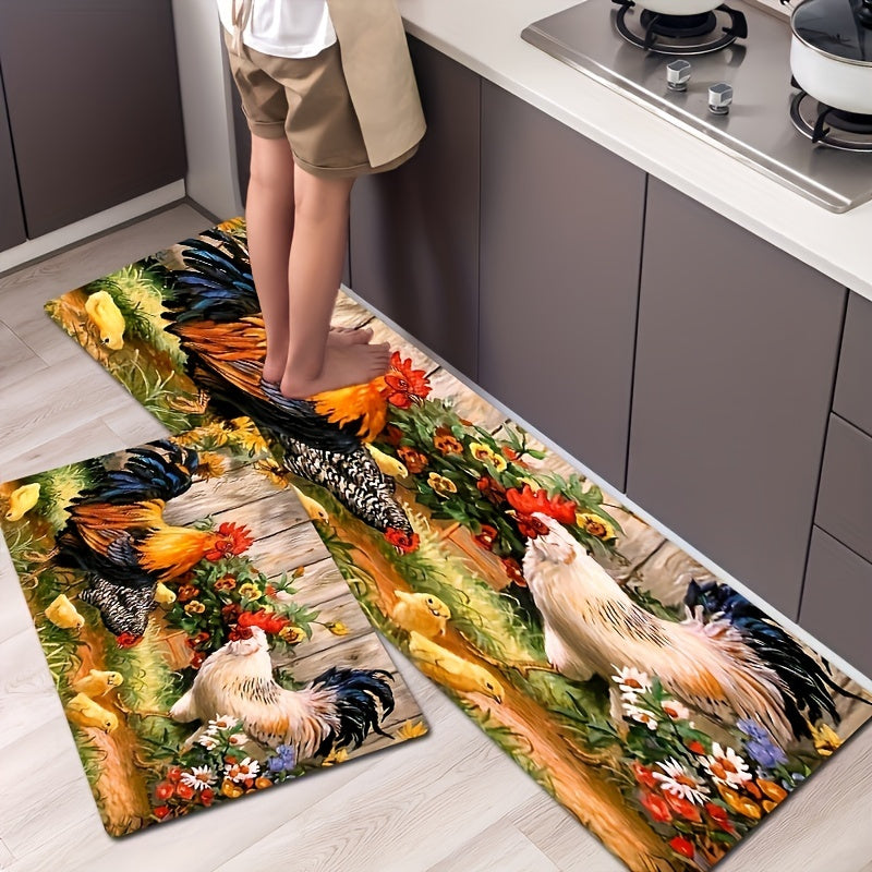 1pc Chickens Flowers Floor Mat; Modern Kitchen Rug Non-Slip Colorful Indoor Carpet; For Home Bathroom Bedroom Living Room Decor
