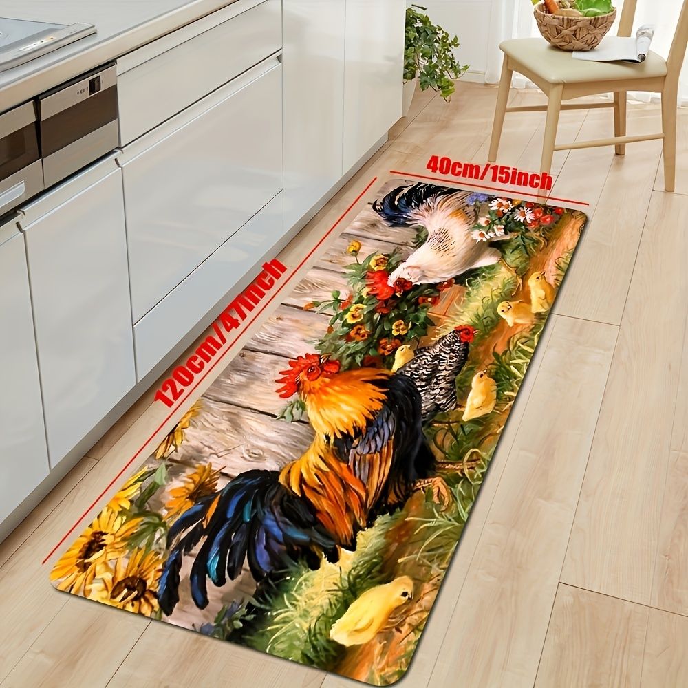 1pc Chickens Flowers Floor Mat; Modern Kitchen Rug Non-Slip Colorful Indoor Carpet; For Home Bathroom Bedroom Living Room Decor
