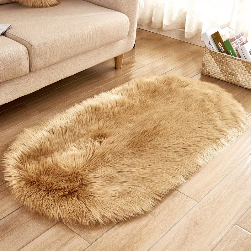 1pc Super Soft Area Rug, Plush Fluffy Faux Sheepskin Oval Floor Mat For Living Room Bedroom, Machine Washable Bedside Rugs, Shaggy Plush Carpet Faux Rug, Home Decor, Room Decor