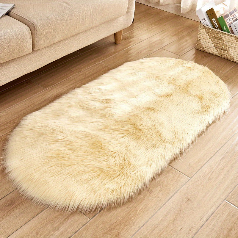1pc Super Soft Area Rug, Plush Fluffy Faux Sheepskin Oval Floor Mat For Living Room Bedroom, Machine Washable Bedside Rugs, Shaggy Plush Carpet Faux Rug, Home Decor, Room Decor
