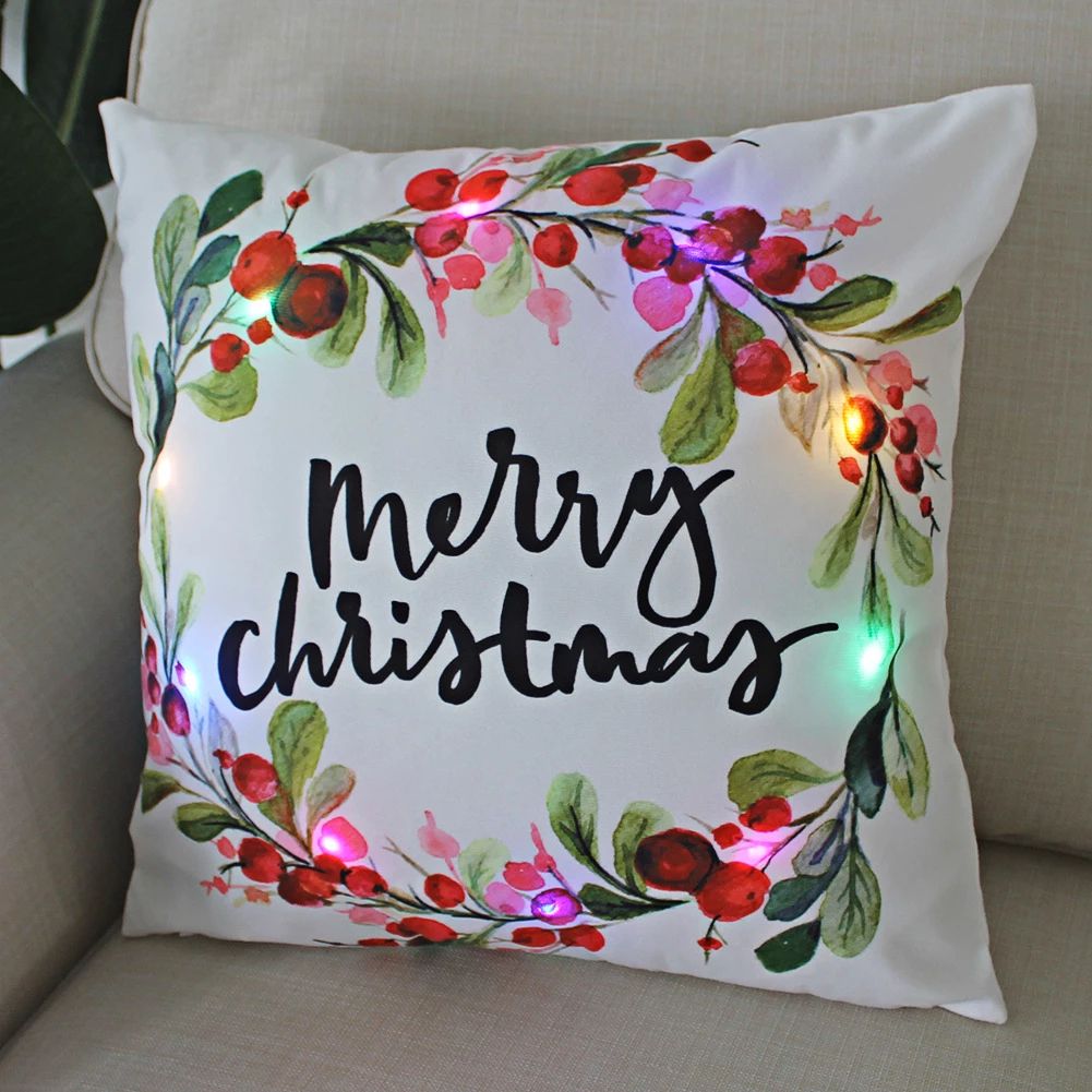1 Pc Led Light Cushion Cover Wreath Print Christmas Decorations Funda Cojin for Living Room Christmas Pillow Case Home Decortion