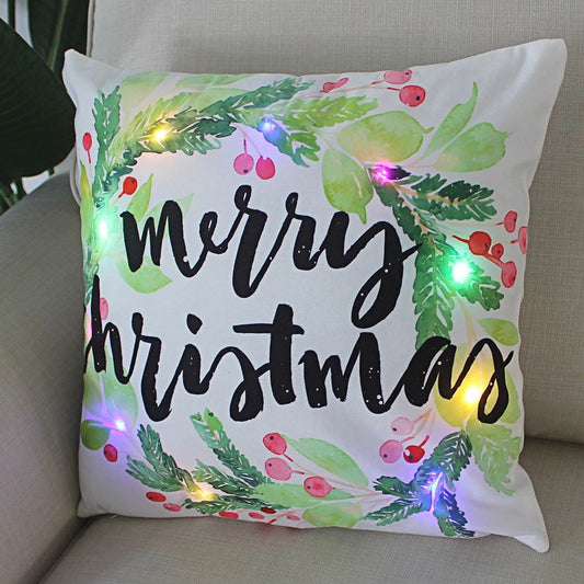1 Pc Led Light Cushion Cover Wreath Print Christmas Decorations Funda Cojin for Living Room Christmas Pillow Case Home Decortion