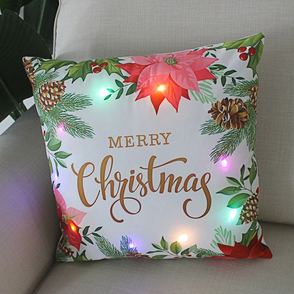 1 Pc Led Light Cushion Cover Wreath Print Christmas Decorations Funda Cojin for Living Room Christmas Pillow Case Home Decortion